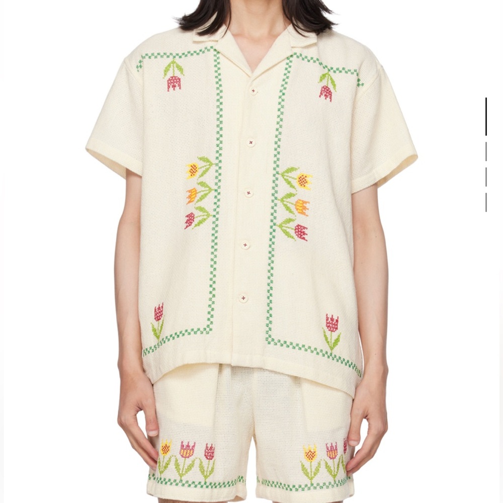 HARAGO NWT Floral Embroidered Shirt Handmade Off-white